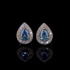 Pear-Cut Blue Lab-Grown Diamond Halo Earrings in 18K Gold